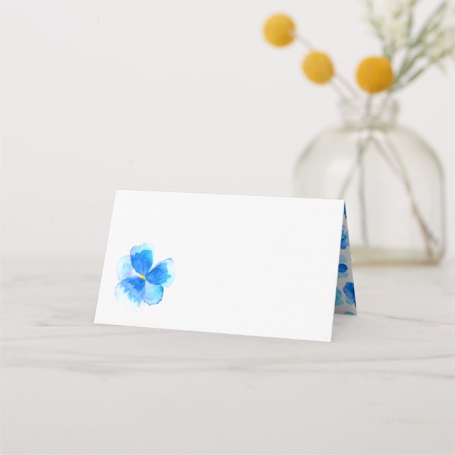 Blue watercolor floral wedding event place cards (Front)