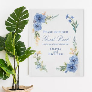 Blue Watercolor Floral Wedding Guest Book Poster