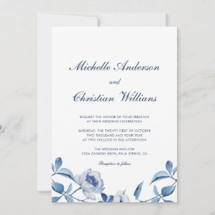 Blue Watercolor Floral Wedding Invitation