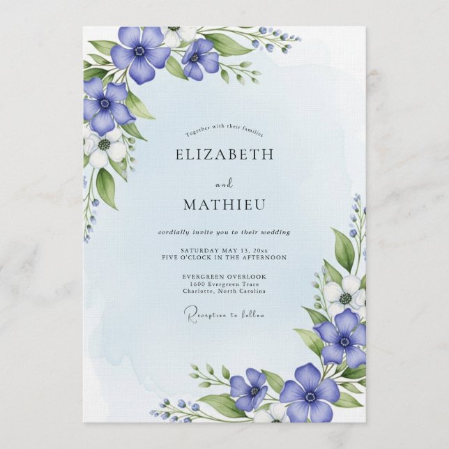 Blue Watercolor Floral Wedding Invitation (Front)