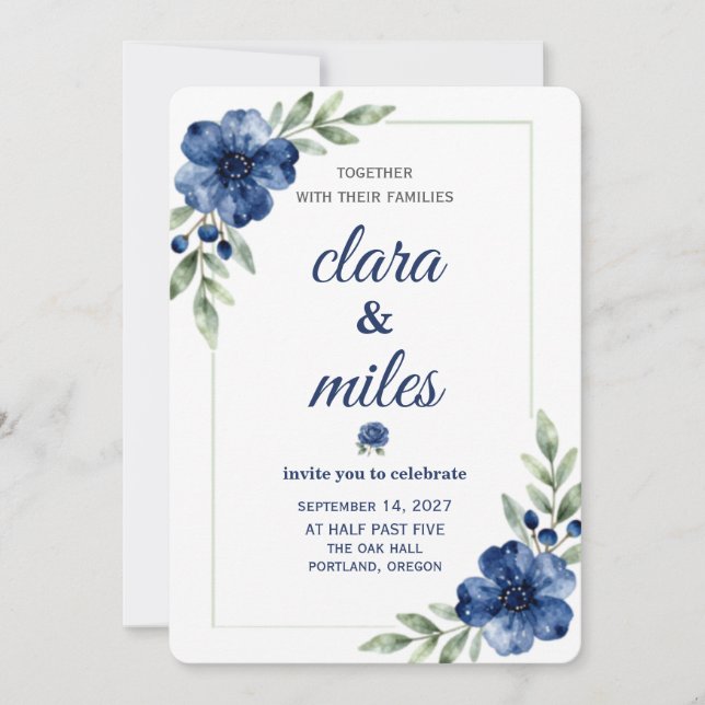 Blue Watercolor Floral Wedding Invitation Template (Front)