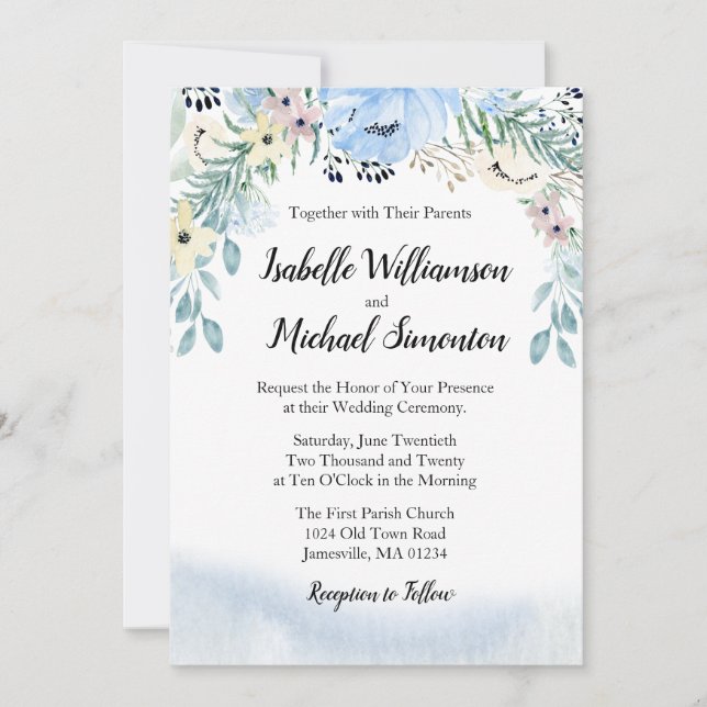 Blue Watercolor Floral Wedding Invitations (Front)