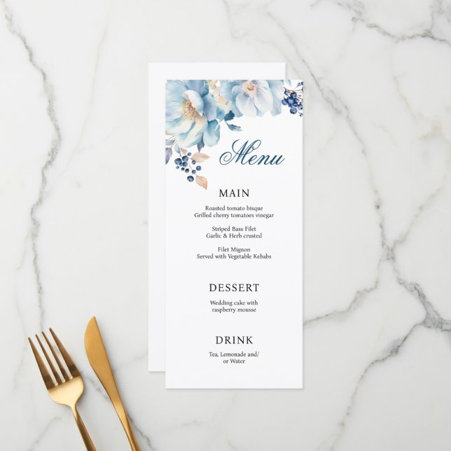Blue watercolor floral wedding menu (Front/Back In Situ)