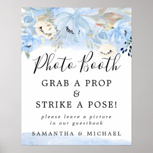 Blue Watercolor Floral Wedding Photo Booth Sign