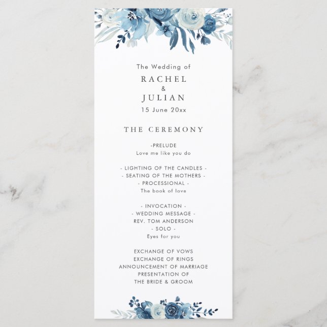 blue watercolor floral wedding program programme (Front)