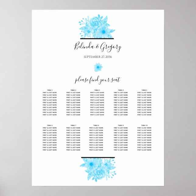 Blue Watercolor Floral Wedding Seating Chart (Front)