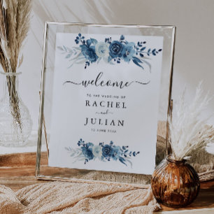 Blue watercolor floral wedding sign