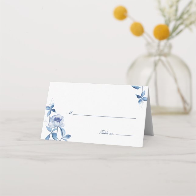 Blue Watercolor Floral Wedding Table Place Card (Front)