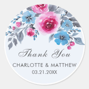 Blue Watercolor Floral Wedding Thank You Classic Round Sticker