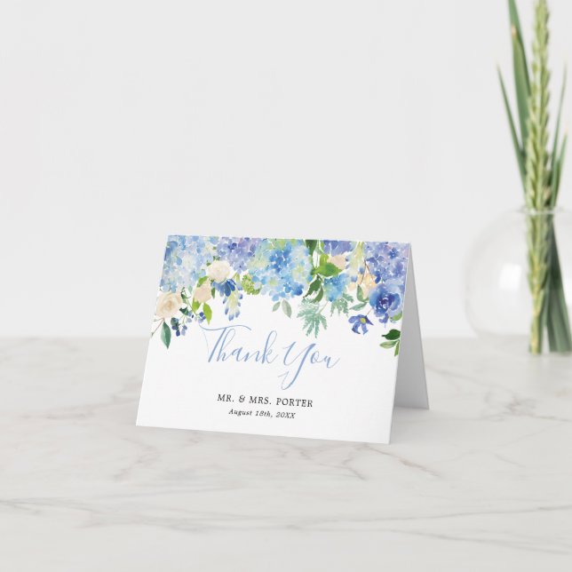 Blue Watercolor Floral Wedding Thank You Note Card (Front)