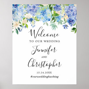 Blue Watercolor Floral Wedding Welcome Sign