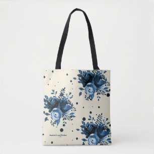 Blue Watercolor Floral with Dots and Add Name Tote Bag