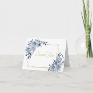 Blue watercolor floral with gold frame thank you c card