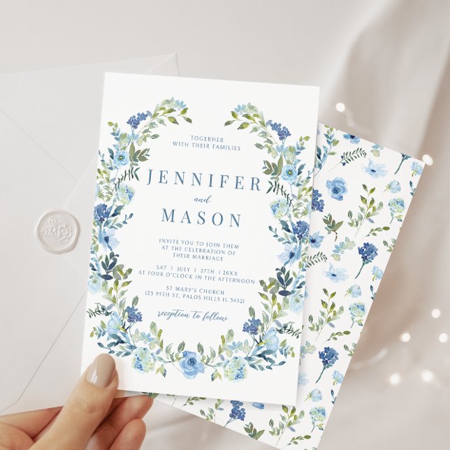 Blue watercolor floral wreath boho summer wedding invitation (Creator Uploaded)