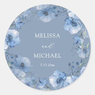 Blue Watercolor Floral Wreath Wedding Classic Round Sticker
