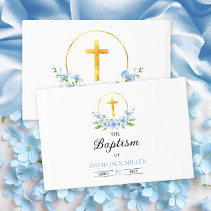 Blue watercolor florals, gold cross boy baptism guest book