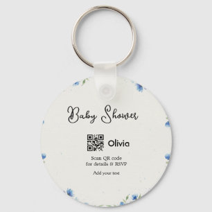 Blue watercolor flower baby shower scan QR RSVP pa Key Ring