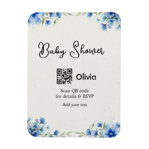 Blue watercolor flower baby shower scan QR RSVP pa Magnet
