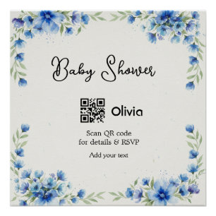 Blue watercolor flower baby shower scan QR RSVP pa Poster
