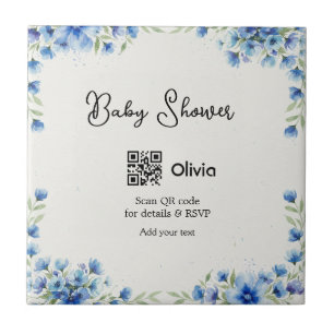 Blue watercolor flower baby shower scan QR RSVP pa Tile