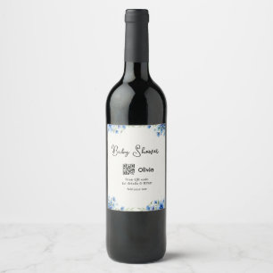 Blue watercolor flower baby shower scan QR RSVP pa Wine Label