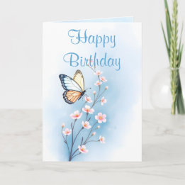 Blue Watercolor Flower Butterfly Happy Birthday Card