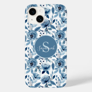 Blue Watercolor Flower Pattern with Monogram Case-Mate iPhone 14 Case