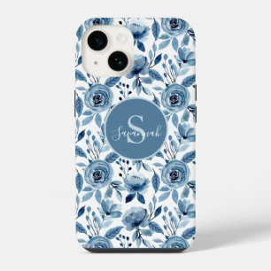 Blue Watercolor Flower Pattern with Monogram iPhone 14 Case