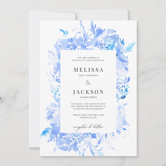 Blue Watercolor Flower Wedding Invitation (Front)