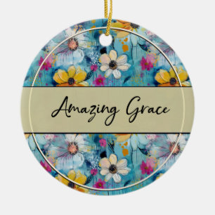 Blue Watercolor Flowers Amazing Grace Ceramic Tree Decoration
