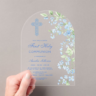 Blue Watercolor Flowers Arch First Communion Acrylic Invitations