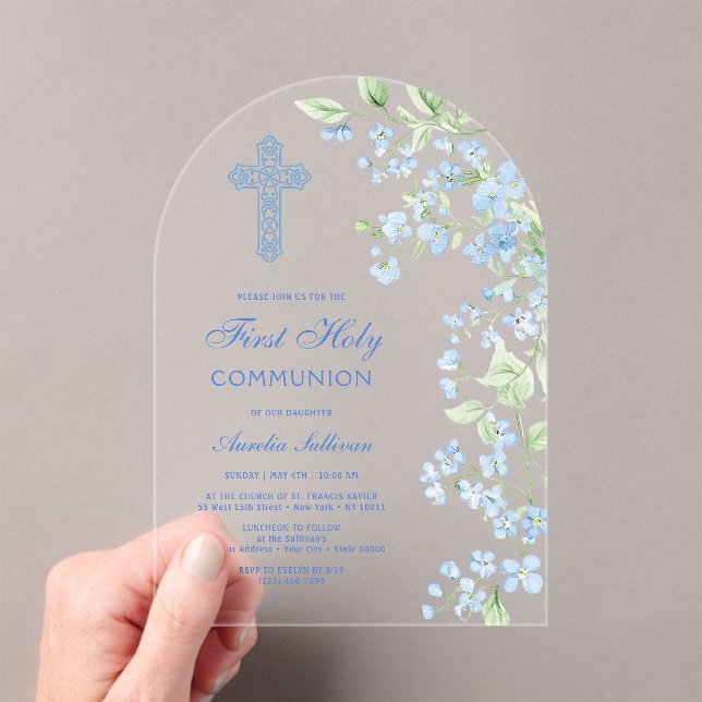 Blue Watercolor Flowers Arch First Communion Acrylic Invitations (Insitu (Handheld))