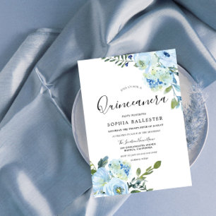 Blue Watercolor Flowers Beautiful Quinceanera Invitation