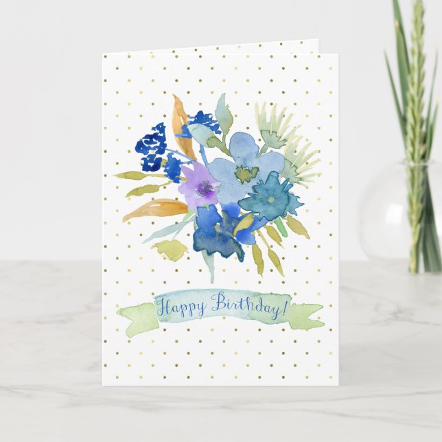 Blue Watercolor Flowers Birthday Card, Gold Dots Card (Front)