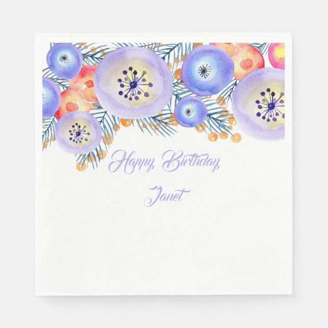 Blue Watercolor Flowers Birthday Napkin (Front)