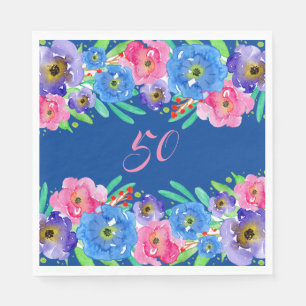 Blue Watercolor Flowers Birthday Napkin