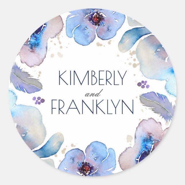 Blue Watercolor Flowers Boho Feathers Wedding Classic Round Sticker (Front)