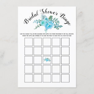 Blue watercolor flowers bridal bingo game card
