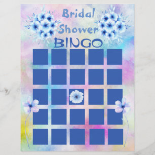 Blue Watercolor Flowers Bridal Shower Bingo Flyer
