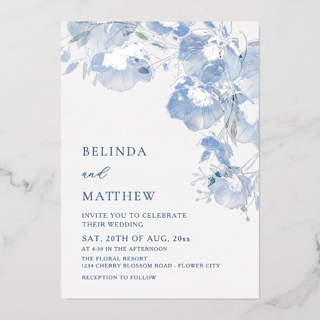 Blue Watercolor Flowers Casual Wedding (Front)