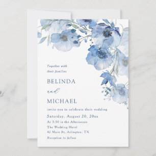 Blue Watercolor Flowers Casual Wedding Invitation
