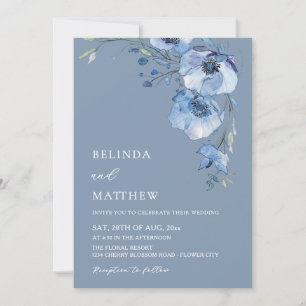 Blue Watercolor Flowers Casual Wedding Invitation