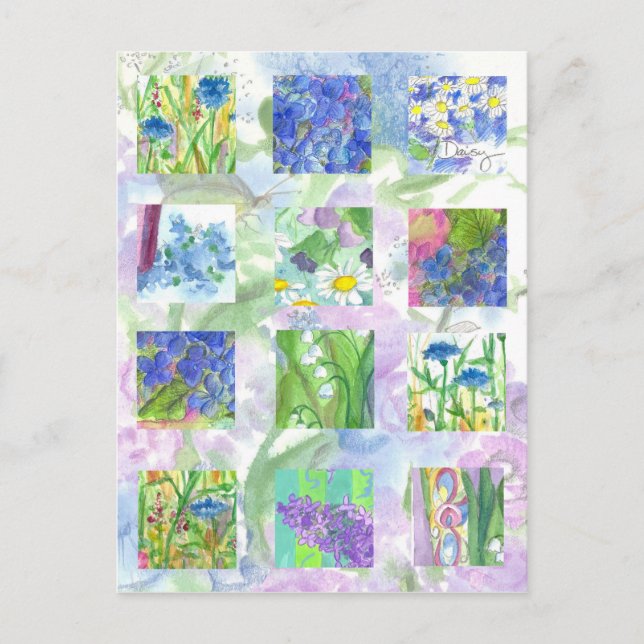 Blue Watercolor Flowers Collage Art Lilac Daisy Postcard (Front)