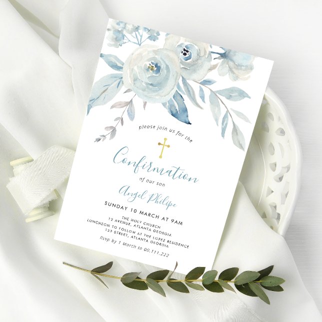Blue watercolor flowers confirmation invitation (Creator Uploaded)