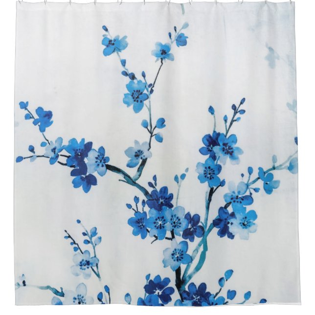 Blue Watercolor Flowers Delicate Beautiful Shower Curtain (Front)