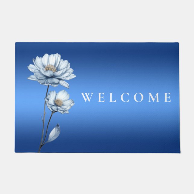 Blue Watercolor Flowers Doormat (Front)