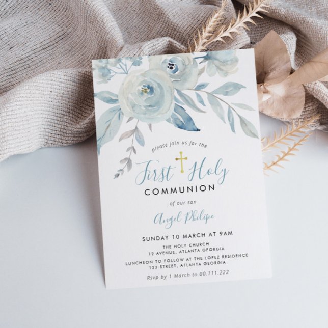 Blue watercolor flowers first holy communion invitation (Creator Uploaded)