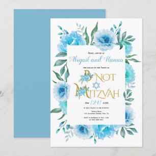 Blue watercolor flowers floral B'Not Mitzvah Invitation