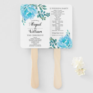 Blue watercolor flowers floral wedding program hand fan