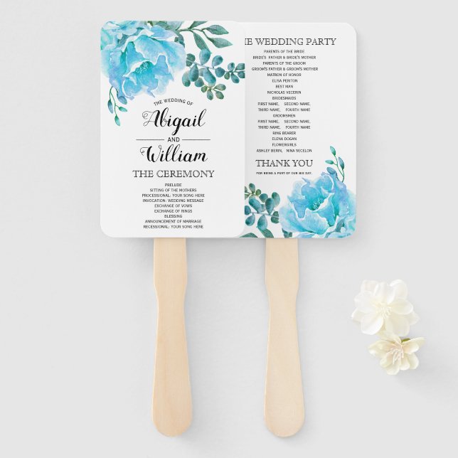 Blue watercolor flowers floral wedding program hand fan (Front and Back)